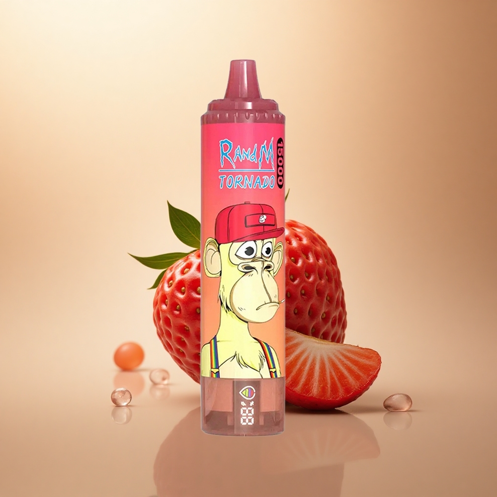 RandM Fumot Tornado 15000 Puffs Jahodový Red Bull s Mesh Coil a LCD