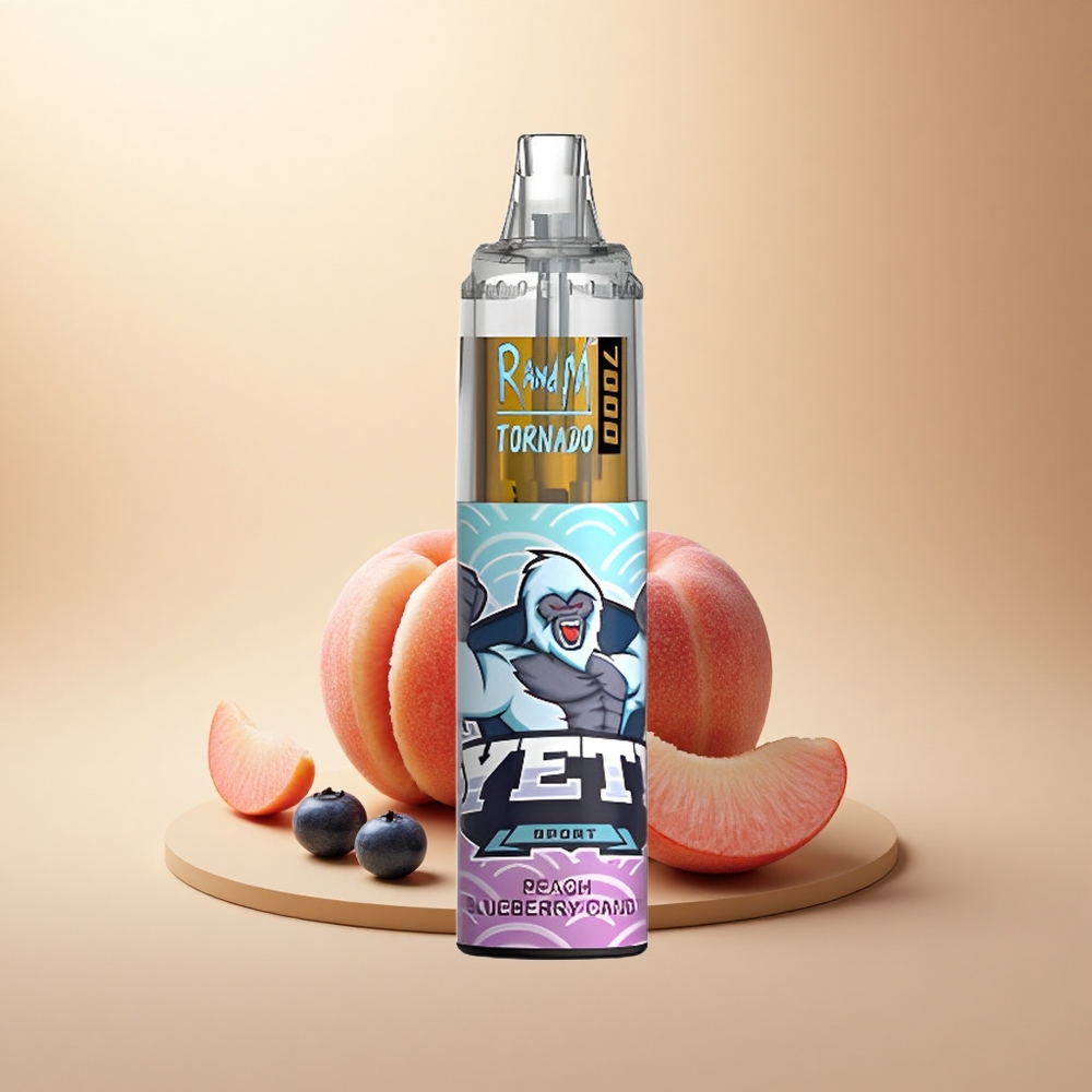 RandM Fumot Tornado 7000 Puffs Broskev Borůvka Cukrovinka s 5% Nikotinu a RGB Světlem