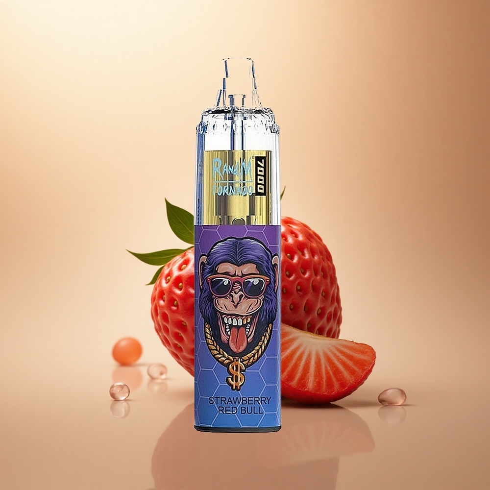 RandM Fumot Tornado 7000 Puffs Jahodový Red Bull s 850 mAh a 5% nikotinu