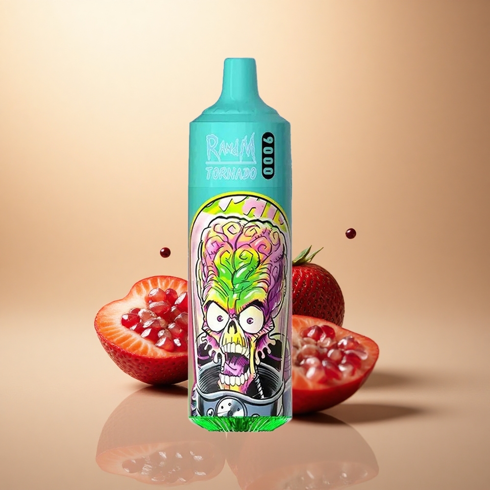 RandM Fumot Tornado 9000 Puffs Jahodové Granátové Jablko 850 mAh 18 mL Mřížková Cívka